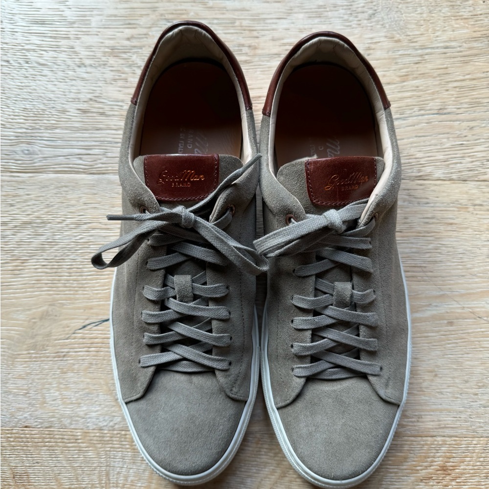 Good Man Brand Taupe Suede Sneakers with Brown Heel Accent - Picture 5 of 7